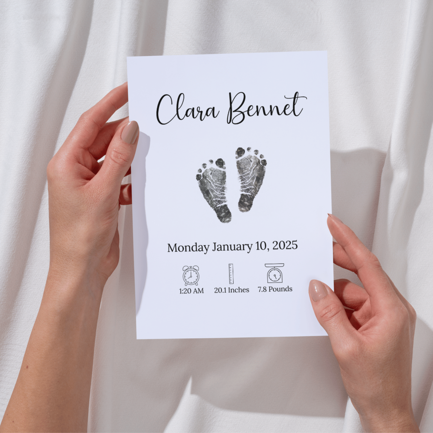 Personalized Baby Birth Announcement Printable, Newborn Footprint DIY Nursery Wall Art