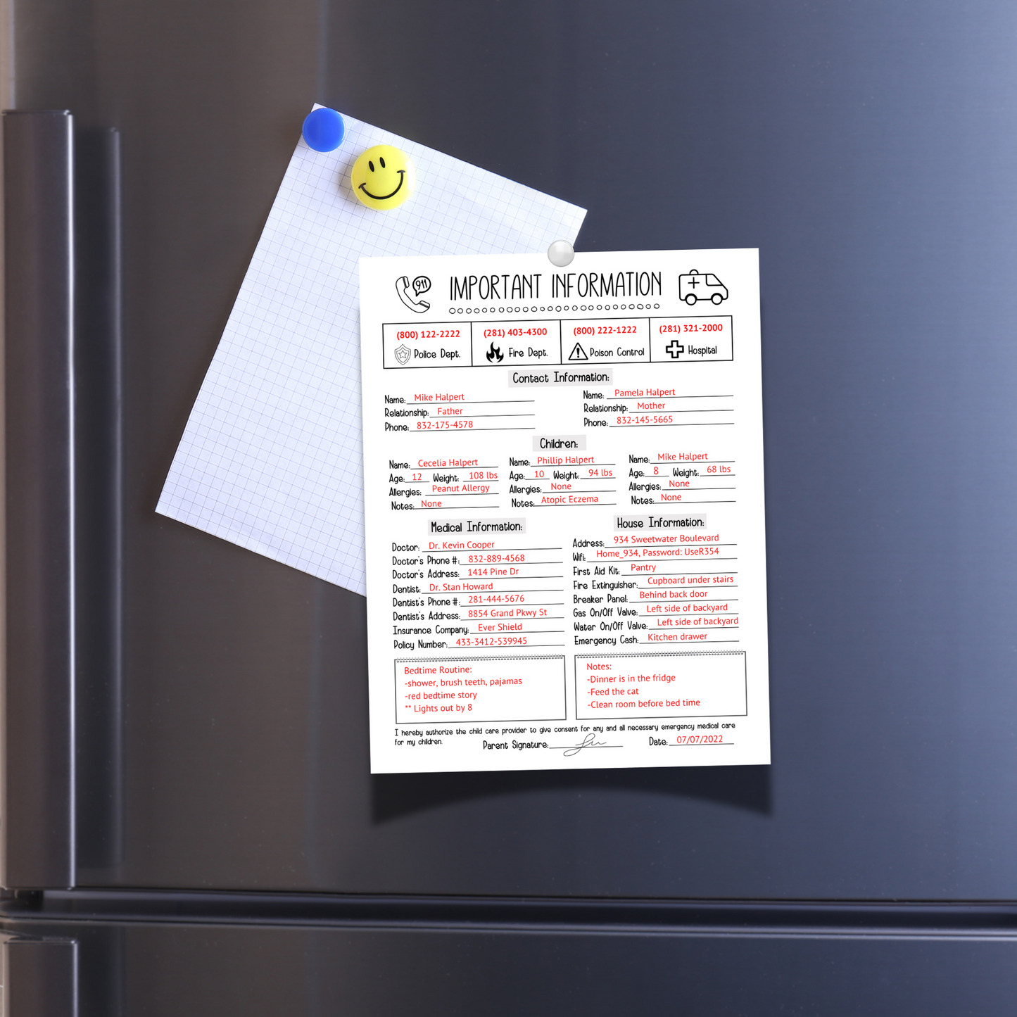 Emergency Contact Information Sheet Editable, Babysitter Info Sheet Printable