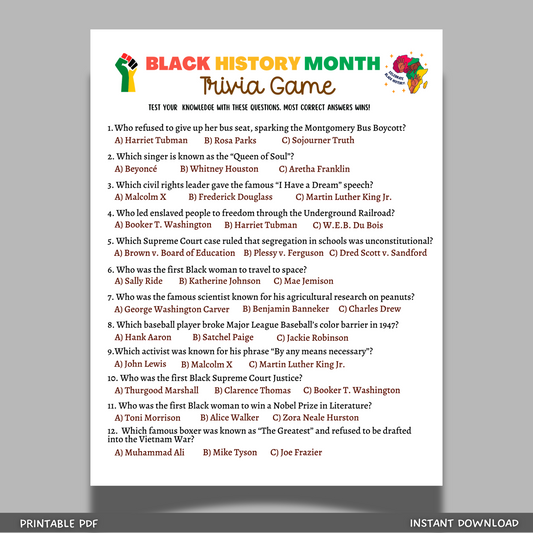 Black History Month Trivia Game Printable, Fun Party Activity