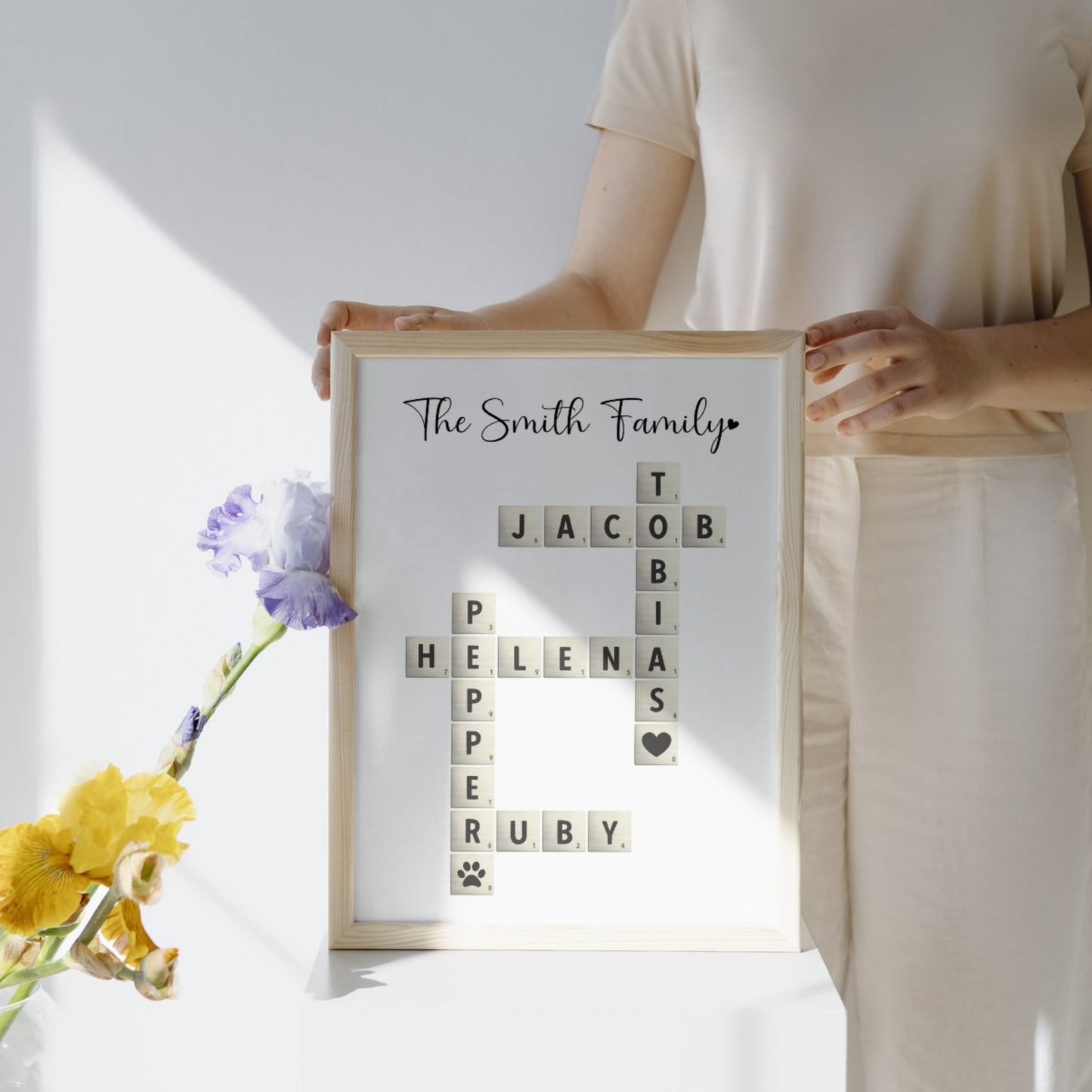 Custom Family Name Sign Printable, Personalized Crossword Scrabble Letter Tile Puzzle Gift