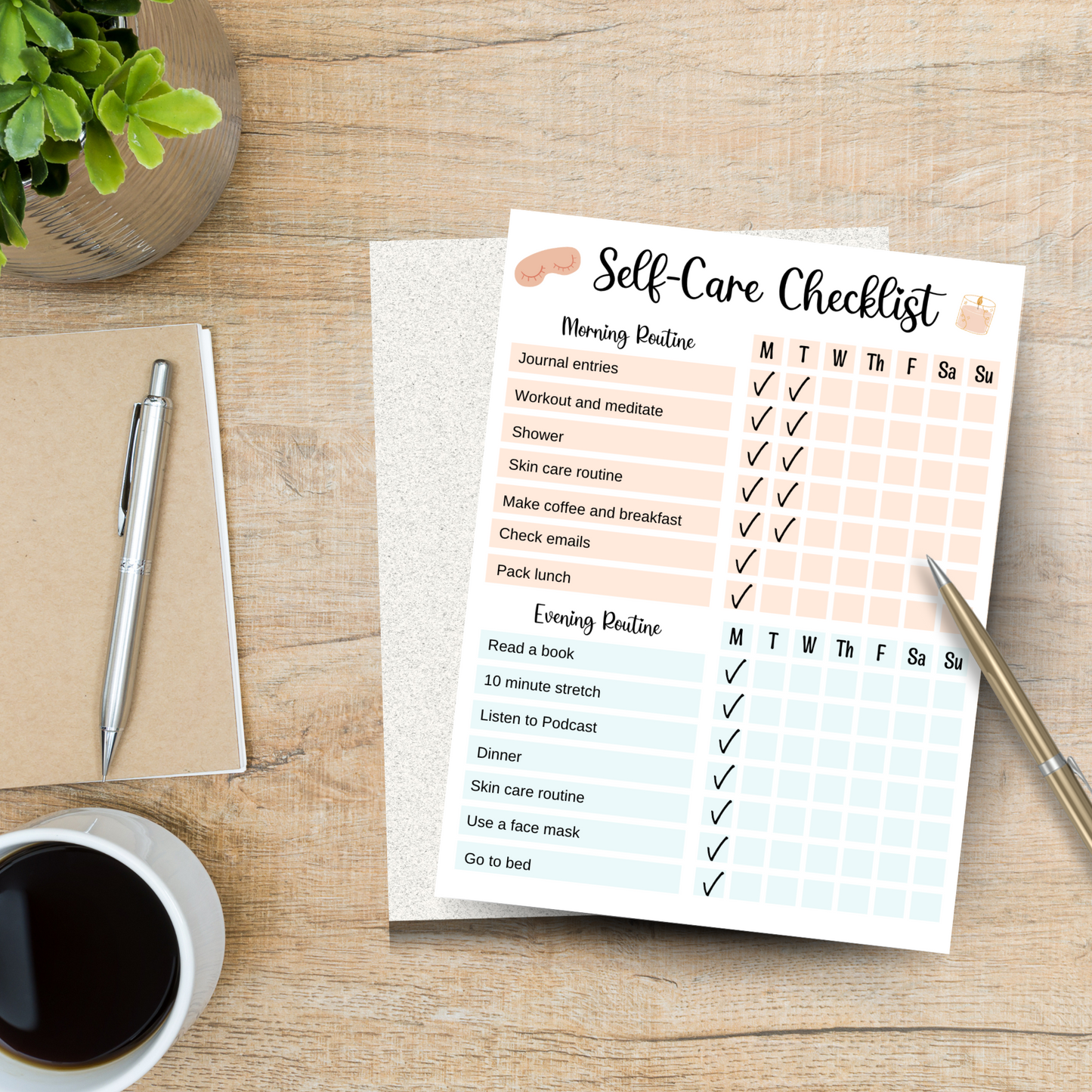 Self Care Checklist Printable Digital Planner, Daily Wellness Planner