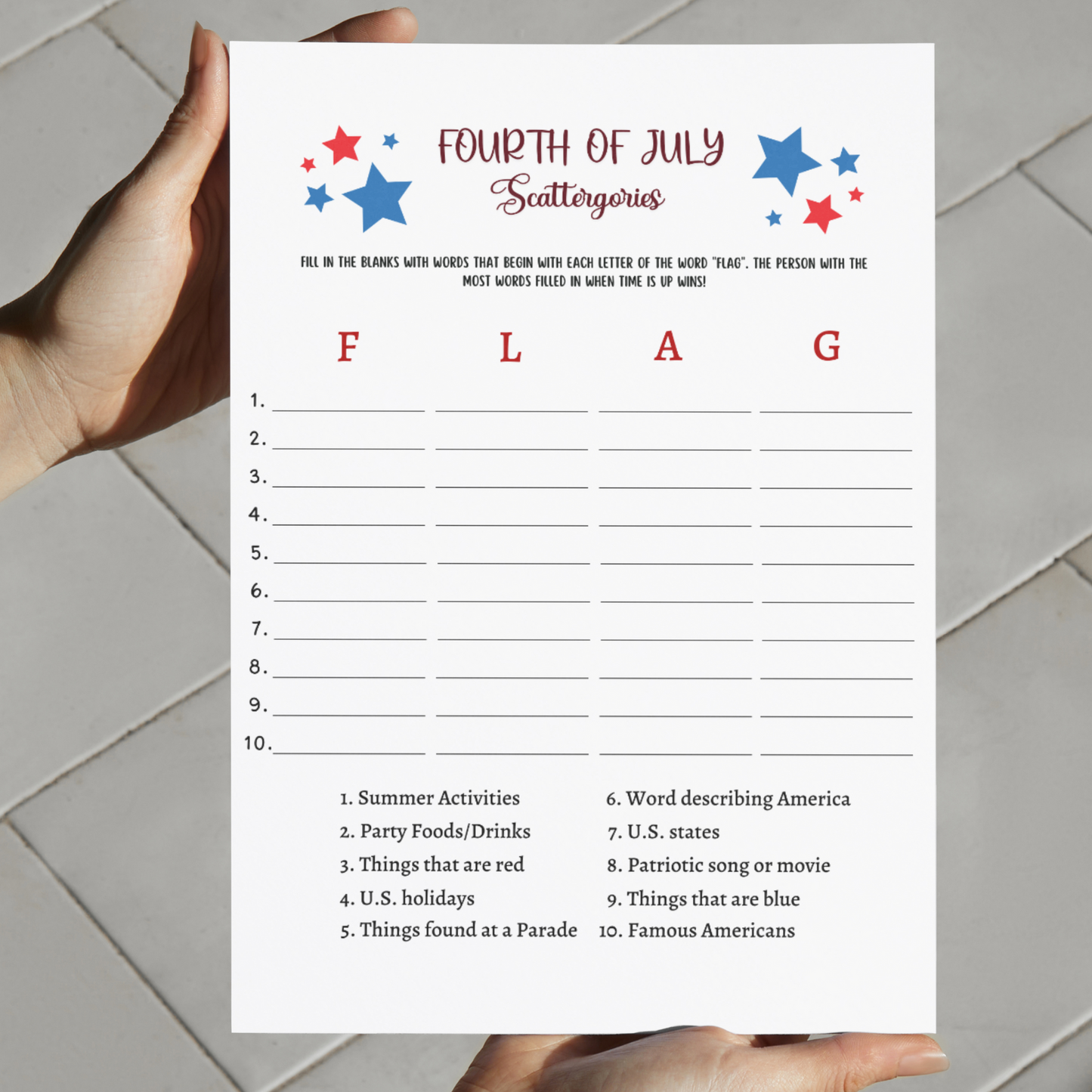 4th of July Scattergories Game Printable, Independence Day Family Activity Adults & Kids