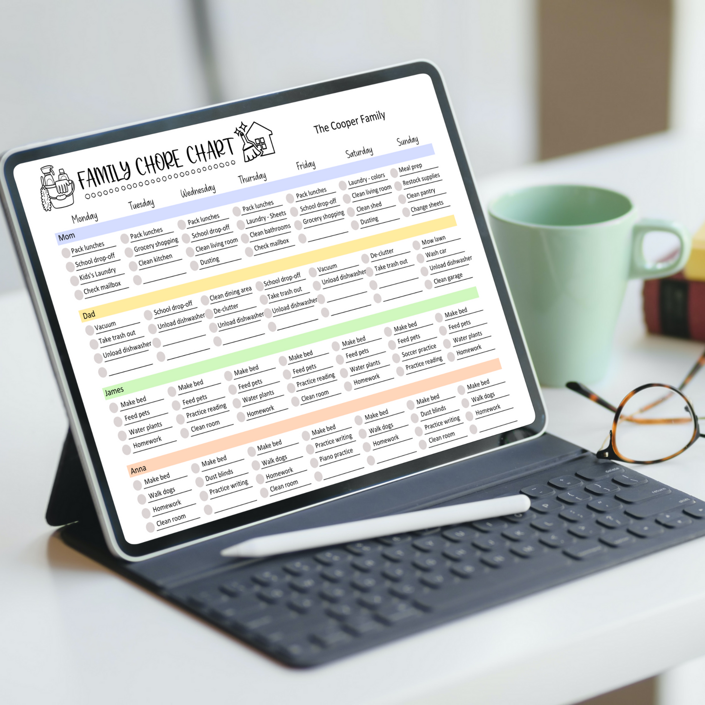 Editable Family Chore Chart, Printable Cleaning Schedule, Digital Planner Checklist
