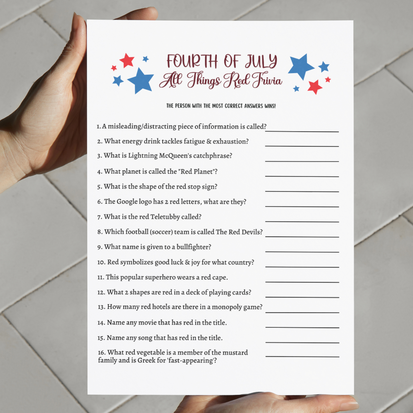 4th of July All Things Red Trivia Game Printable, Family Activity Adults & Kids