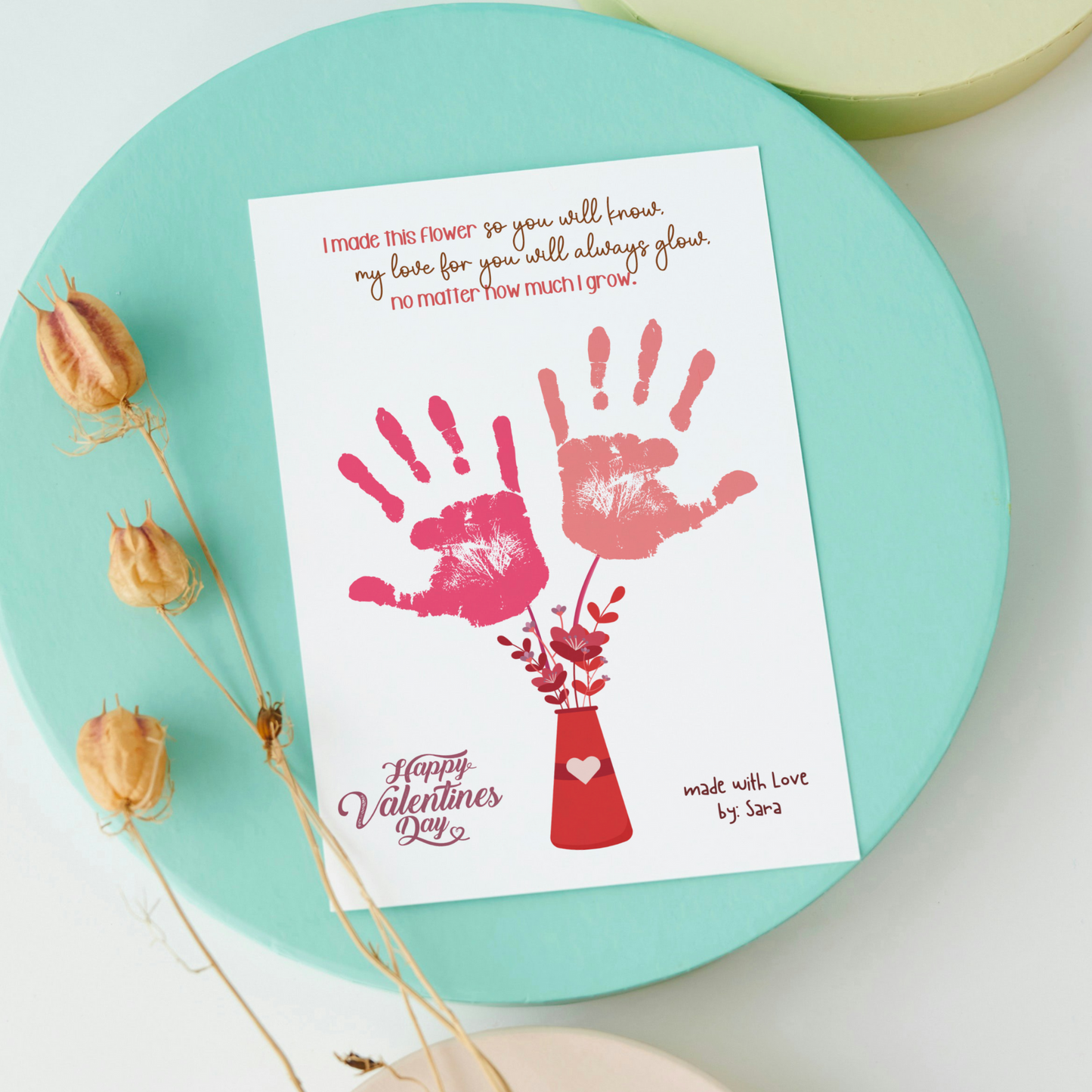 Valentine’s Day Handprint Craft Printable, Flower DIY Art Activity for Kids