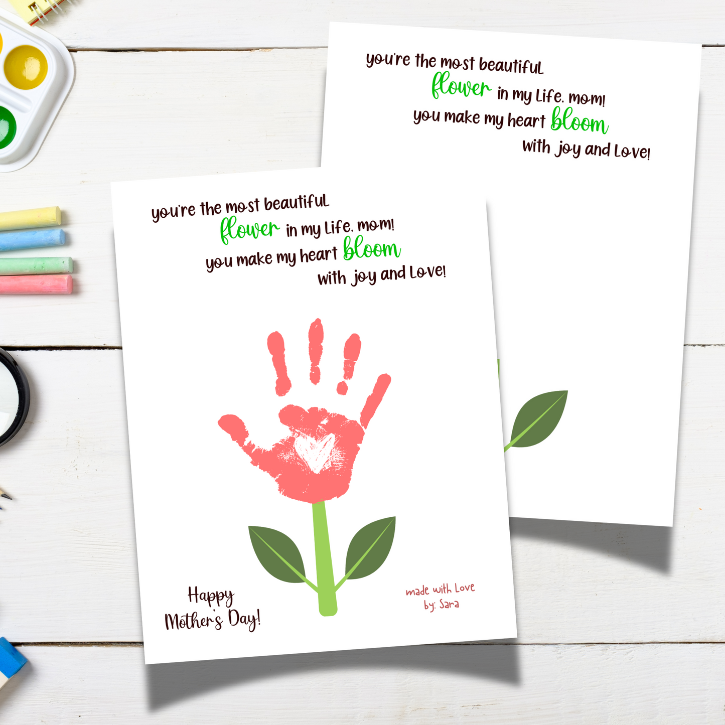 Mothers Day Handprint Flower Craft for Kids Printable, Art Activity Mom Birthday Gift