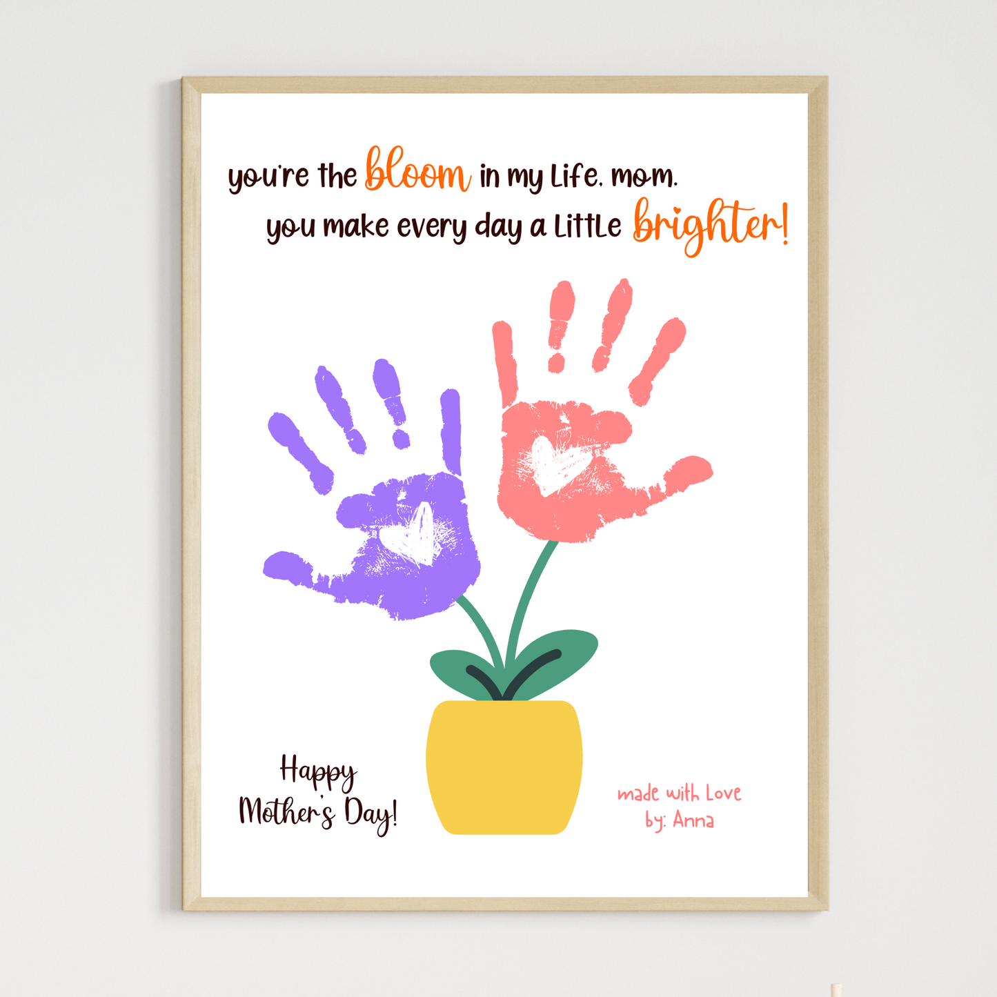 Mothers Day Handprint Flower Vase Craft for Kids Printable, Card Art Mom Birthday Gift
