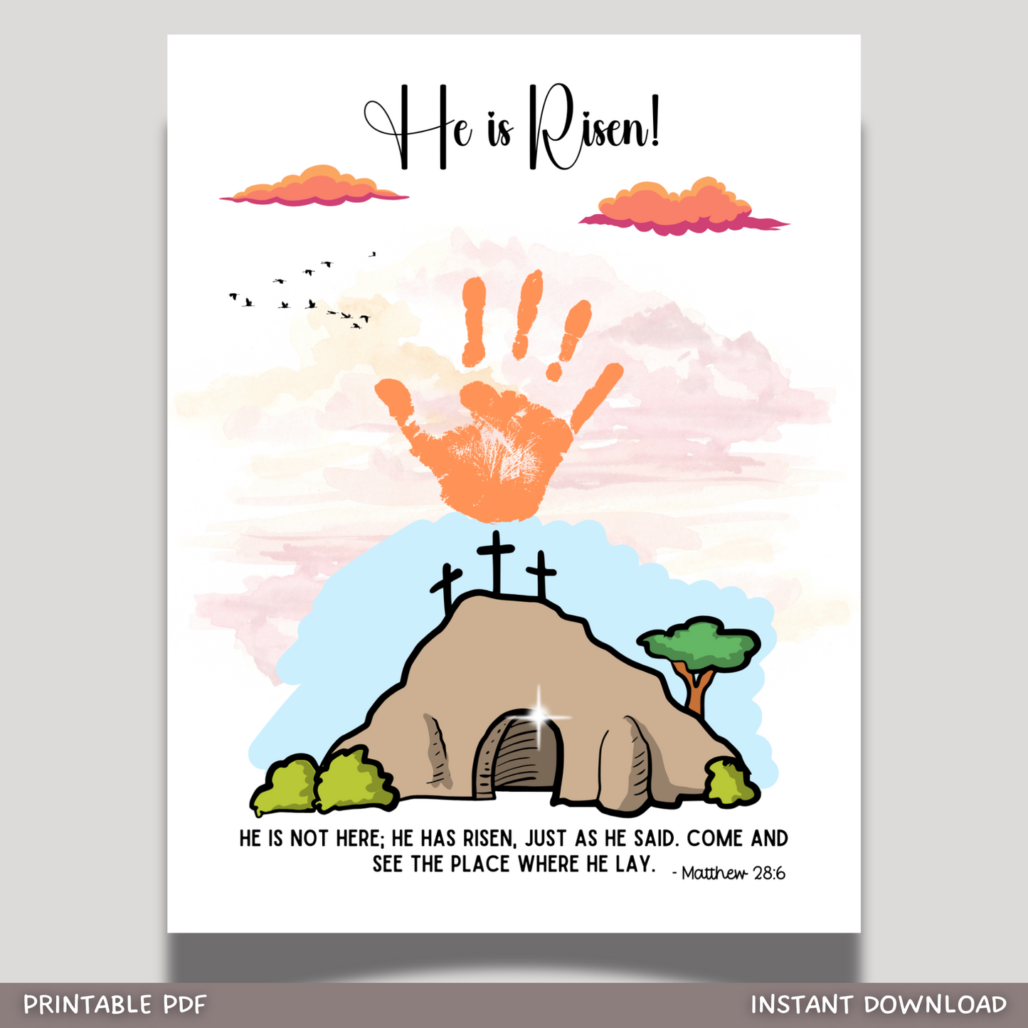 He is Risen Easter Handprint Craft Printable, Resurrection DIY Religious Christian Art for Kids Sunday School Preschool Activity