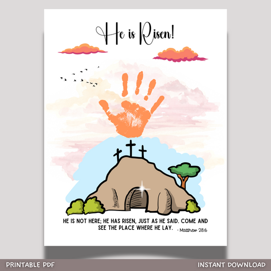 He is Risen Easter Handprint Craft Printable, Resurrection Religious Art for Kids