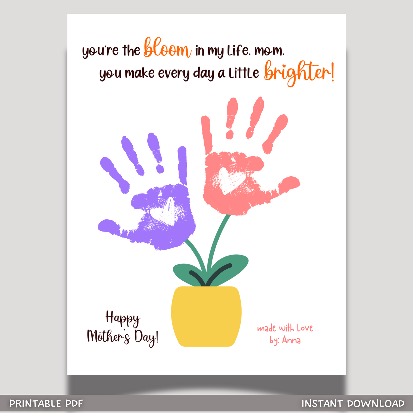 Mothers Day Handprint Flower Vase Craft for Kids Printable, Card Art Mom Birthday Gift