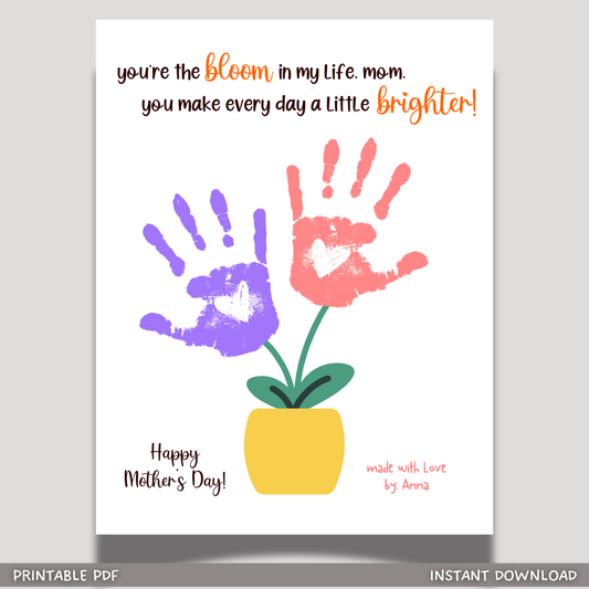 Mothers Day Handprint Flower Vase Craft for Kids Printable, Card Art Mom Birthday Gift