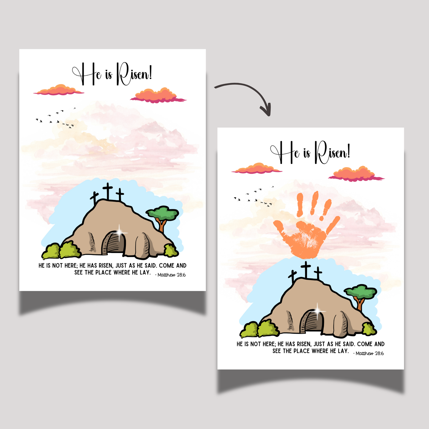 He is Risen Easter Handprint Craft Printable, Resurrection DIY Religious Christian Art for Kids Sunday School Preschool Activity
