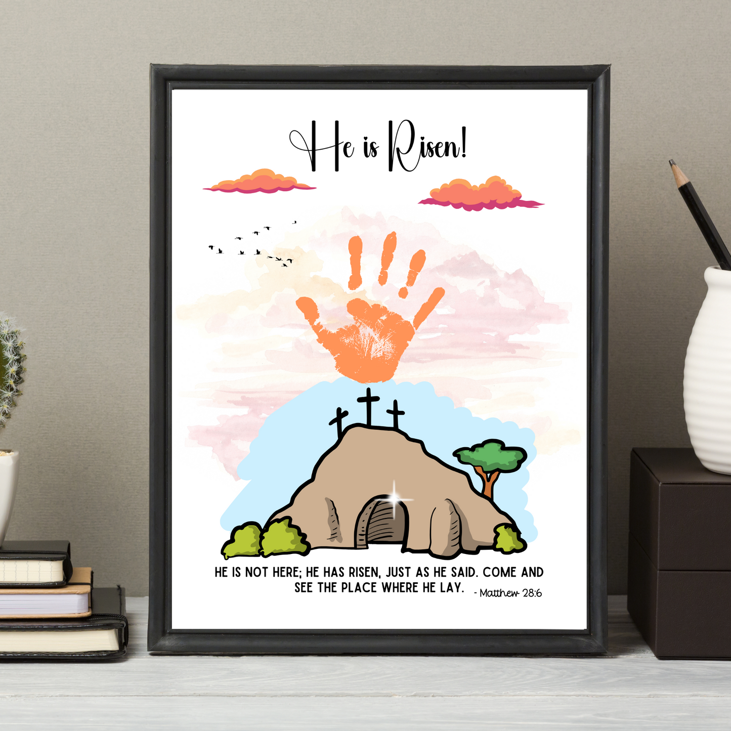 He is Risen Easter Handprint Craft Printable, Resurrection DIY Religious Christian Art for Kids Sunday School Preschool Activity