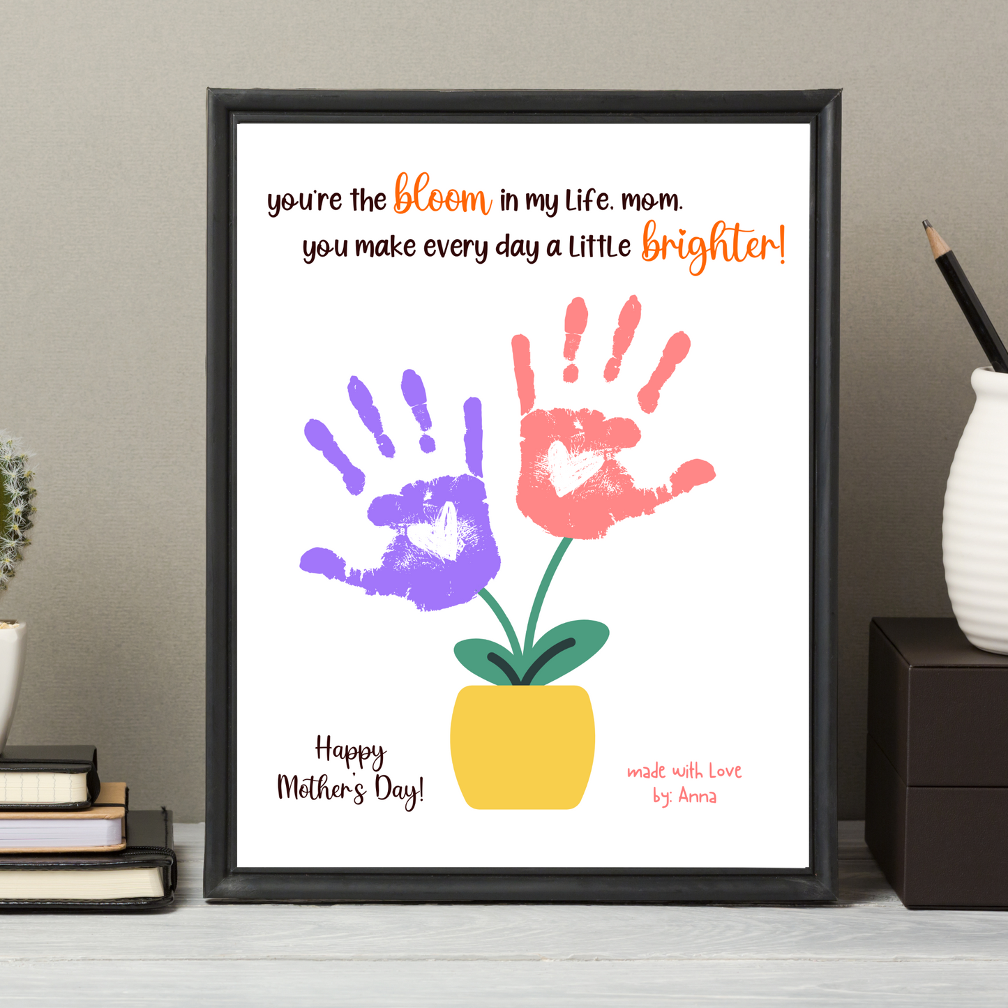 Mothers Day Handprint Flower Vase Craft for Kids Printable, Card Art Mom Birthday Gift