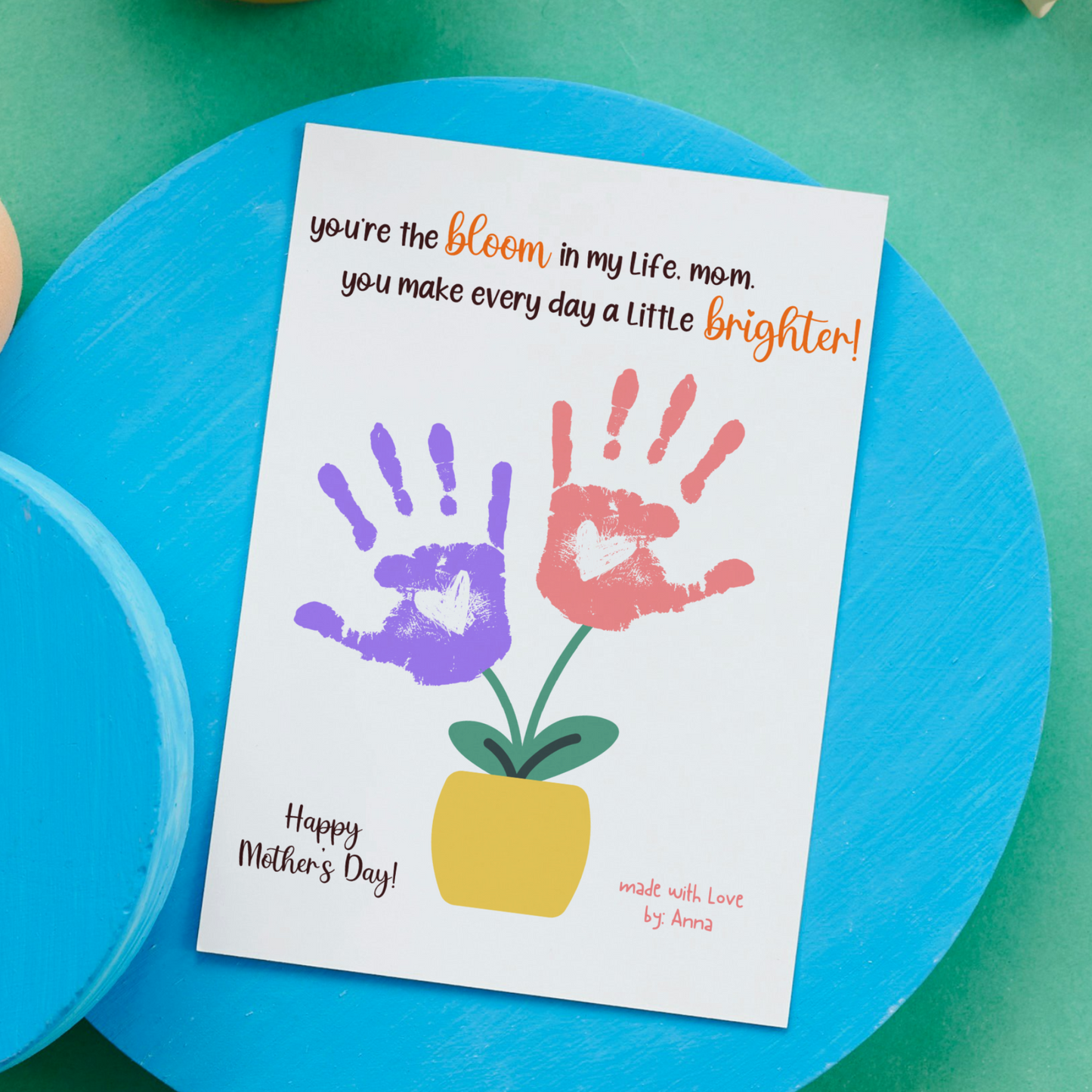 Mothers Day Handprint Flower Vase Craft for Kids Printable, Card Art Mom Birthday Gift