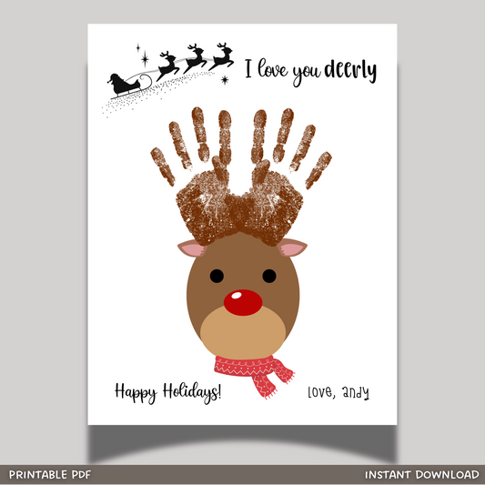 Christmas Handprint Reindeer Craft Printable, DIY Holiday Art
