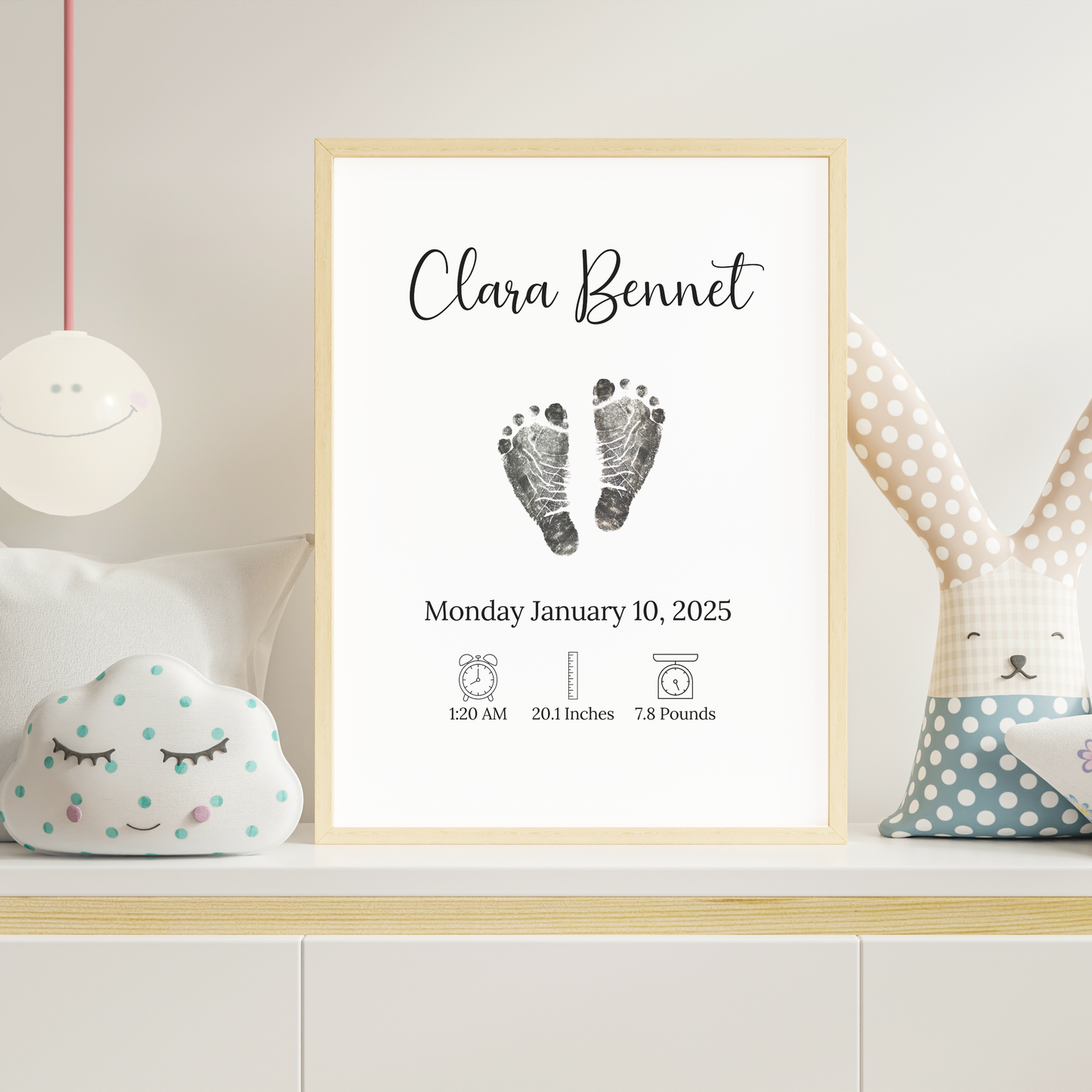 Personalized Baby Birth Announcement Printable, Newborn Footprint DIY Nursery Wall Art