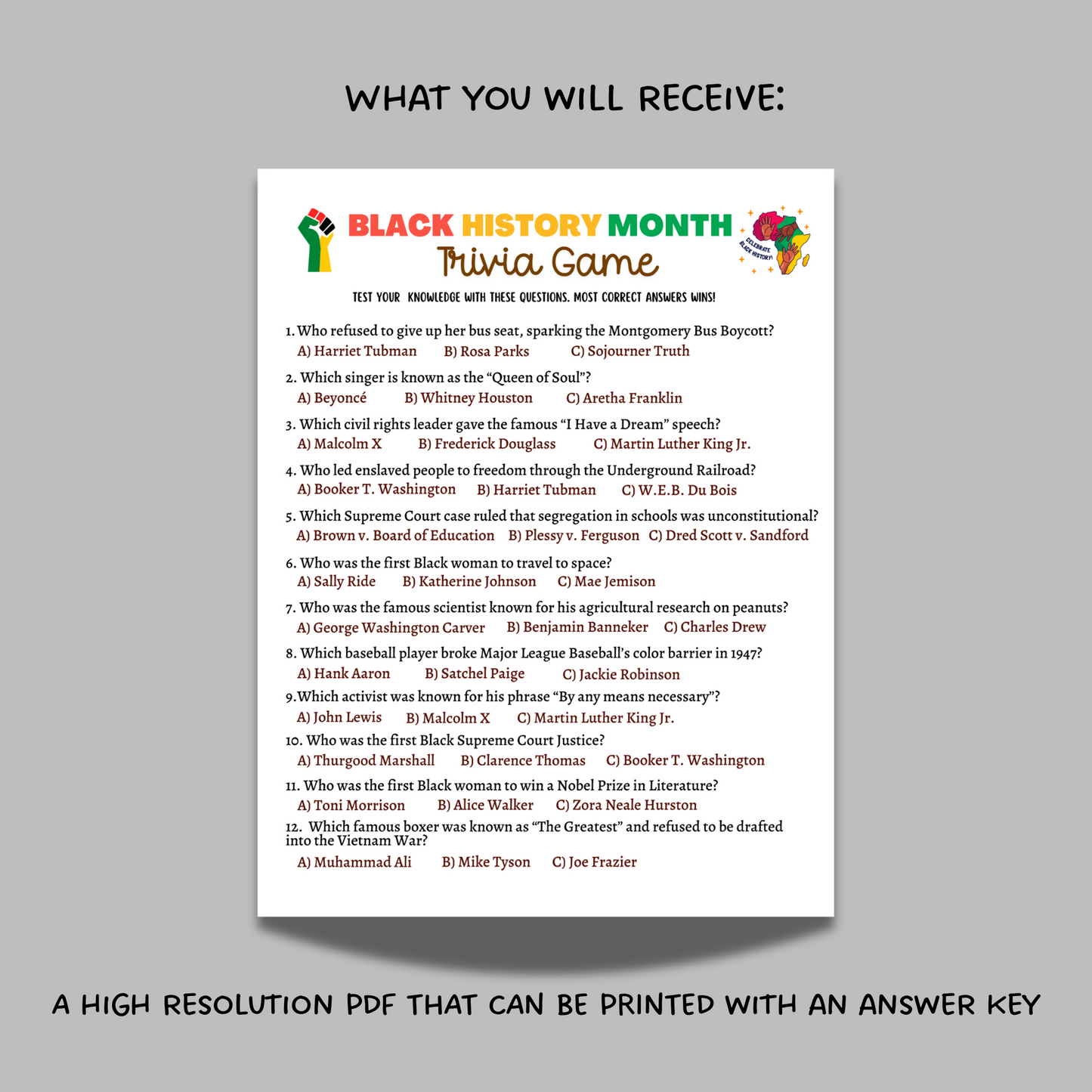 Black History Month Trivia Game Printable, Historical African American Celebration Party Activity Adults Kids Seniors