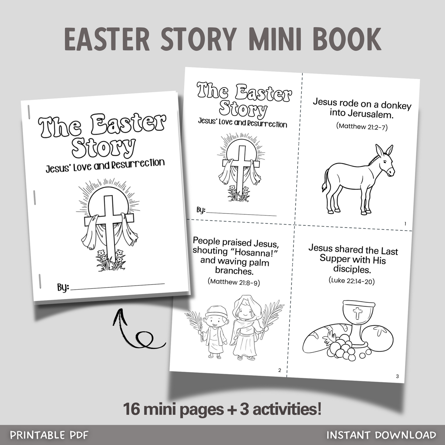 Easter Story Mini Book for Kids Printable, Coloring Bible Lesson Sunday School Craft Religious Christian Activity Holy Week
