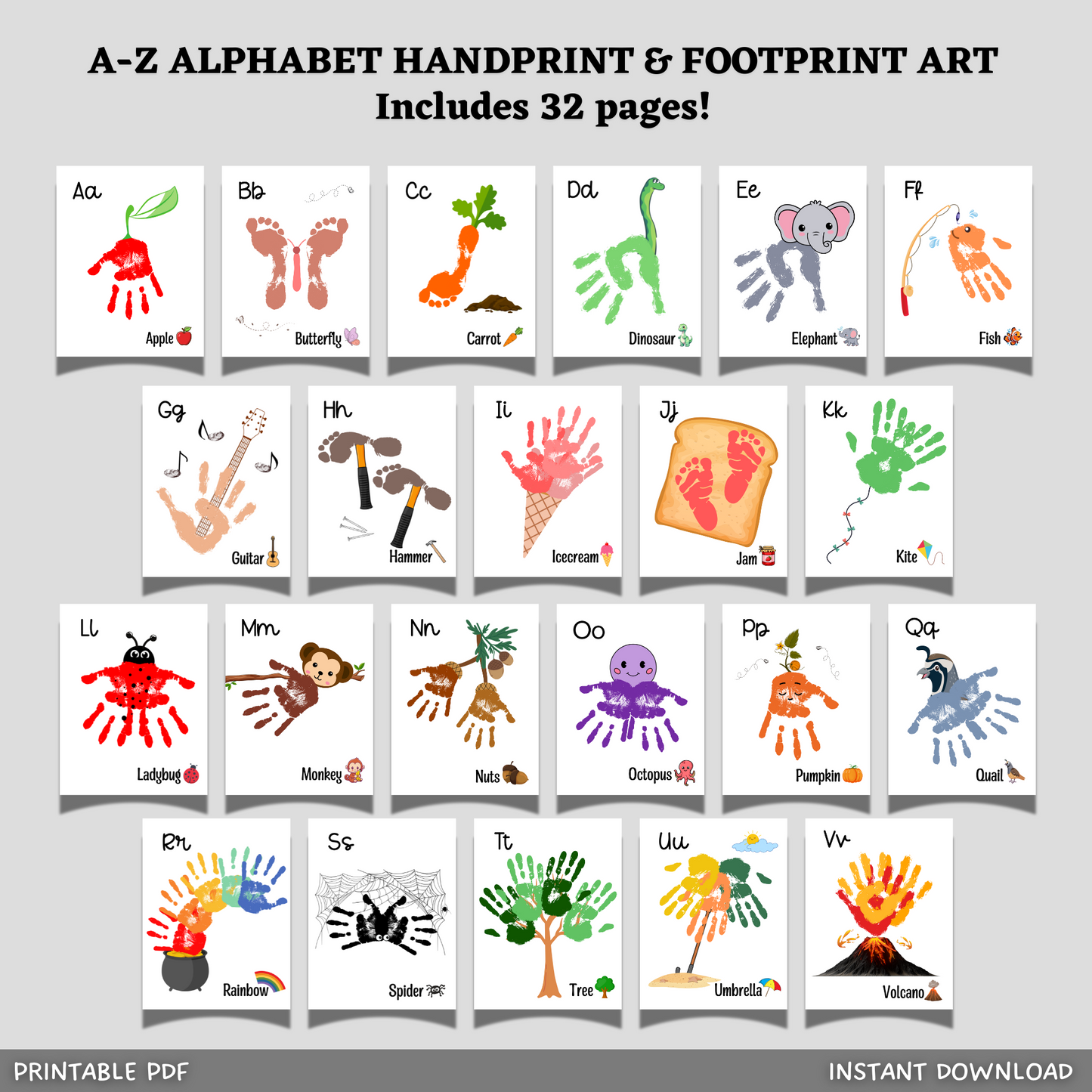 A-Z Alphabet Handprint Crafts Printable, ABC Memory Phonic Art Book for Baby Toddler Child Nursery Activity Preschool Homeschool Keepsake
