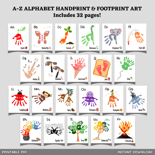 A-Z Alphabet Handprint Crafts Printable, ABC Memory Phonic Art Book
