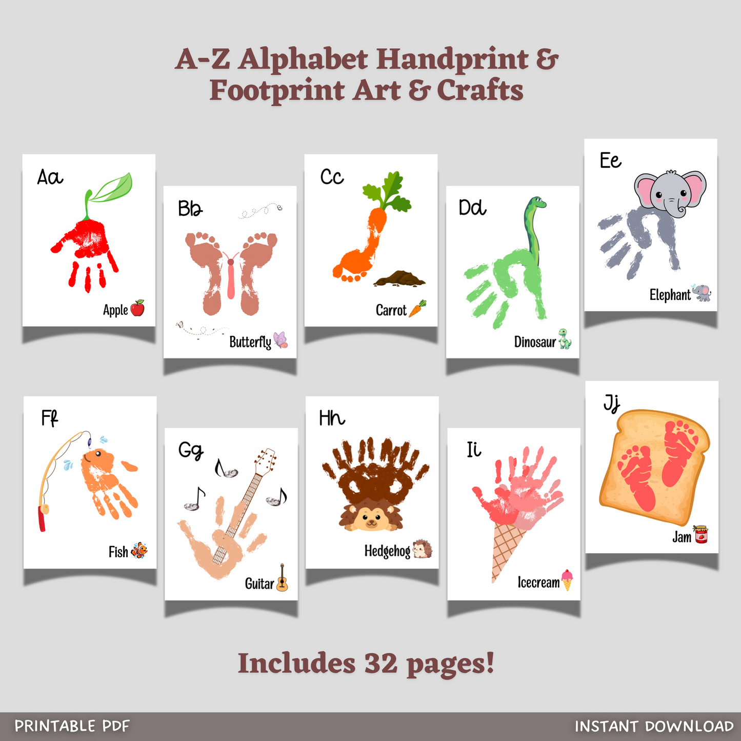 ABC Memory Phonic Book Printable, A-Z Alphabet Handprint Art Crafts for Baby Toddler Child Nursery Activity Preschool Homeschool Classroom Keepsake