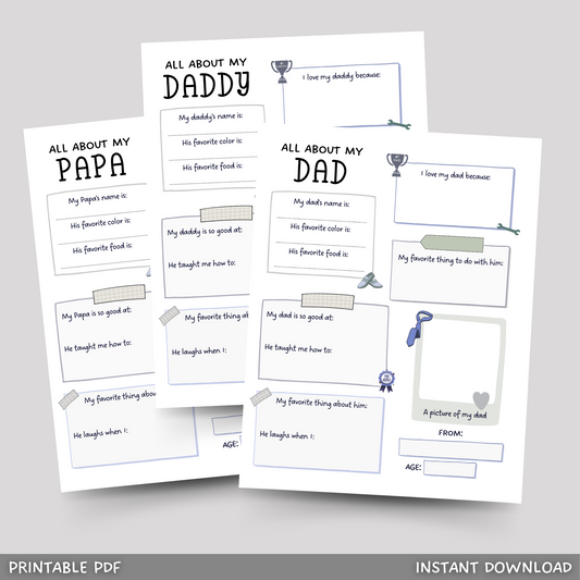 All About My Dad Printable, Fathers Day Questionnaire Gift Idea from Kids