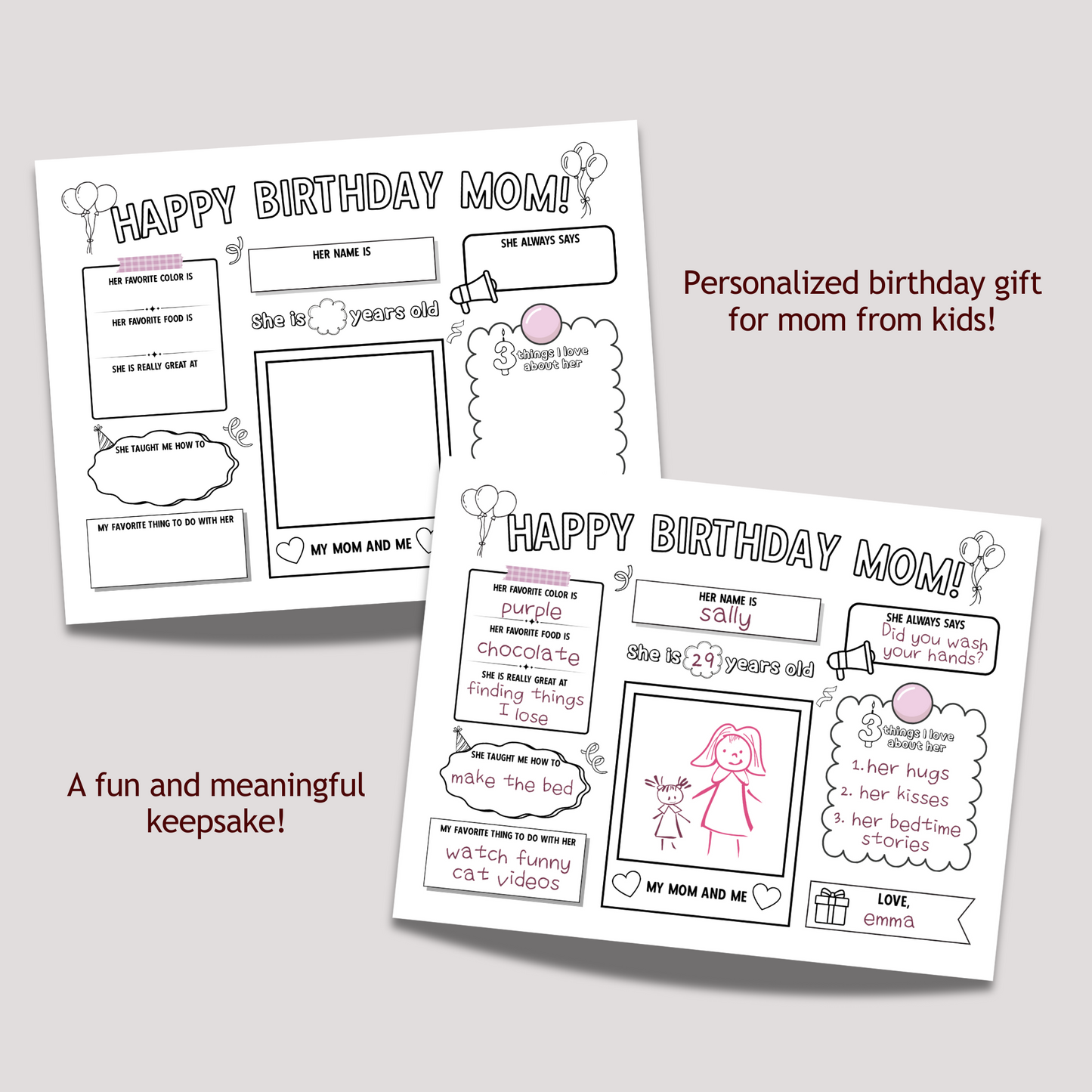 Happy Birthday Mom Coloring Page Printable DIY Personalized Gift from Kids All About Mommy Card Placemat Activity Sheet Mother Questionnaire
