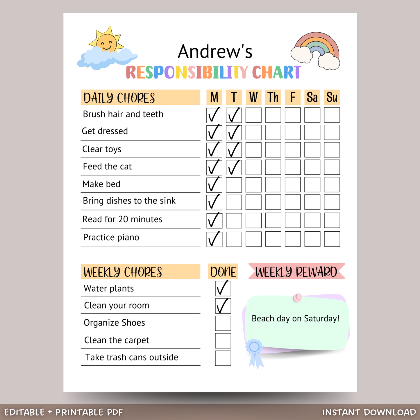 Editable Responsibility Chart For Kids Printable, Chore Chart Daily Checklist