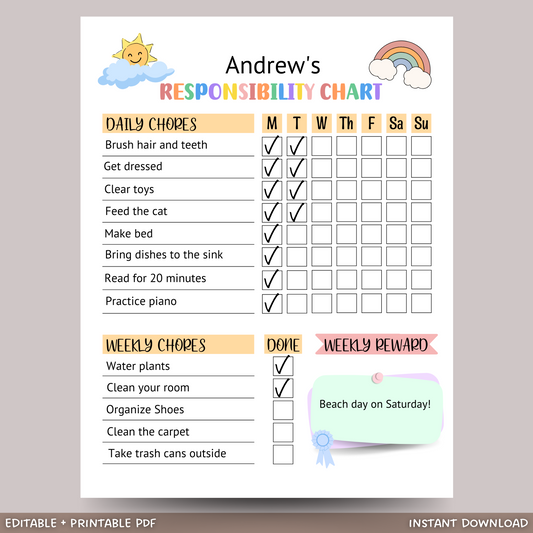 Editable Responsibility Chart For Kids Printable, Chore Chart Daily Checklist