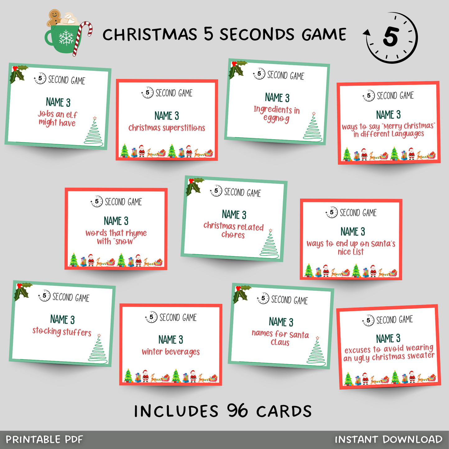 Christmas 5 Second Game Printable Party Game Adults & Kids