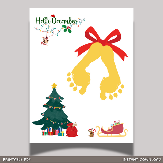 Christmas Bells Footprint Craft Printable, Hello December DIY Holiday Art Activity