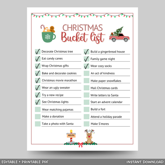 Christmas Bucket List Editable & Printable, Xmas Holiday Family Activity
