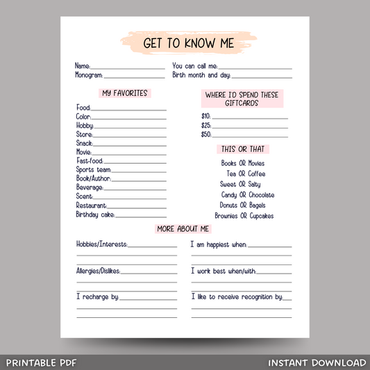 Coworker Questions Printable, All About Me Employee Survey