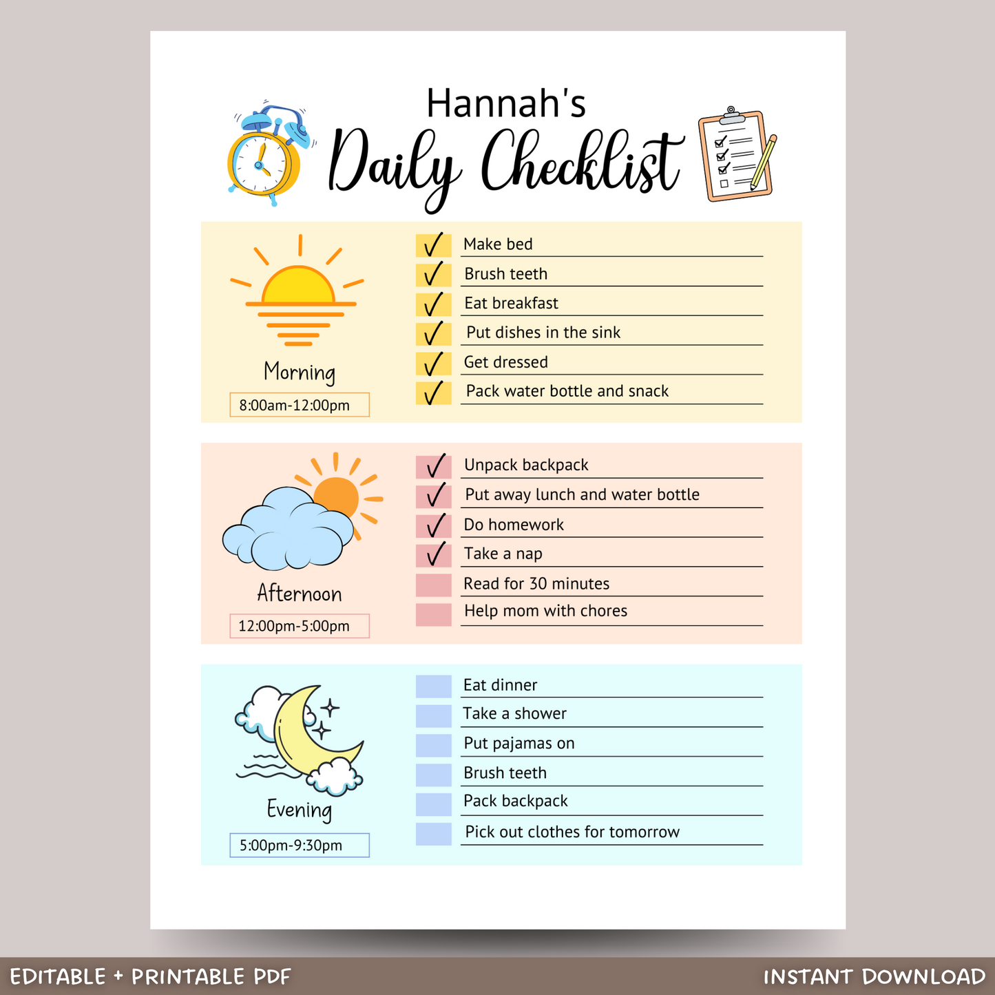 Kids Daily Checklist Printable, Editable Chore Chart, Daily Routine Schedule