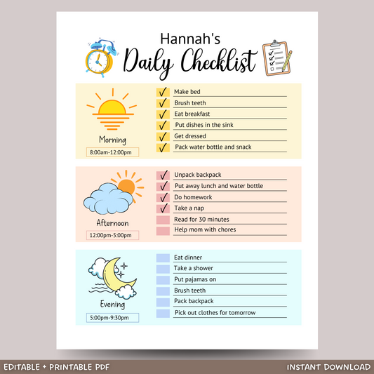 Kids Daily Checklist Printable, Editable Chore Chart, Daily Routine Schedule