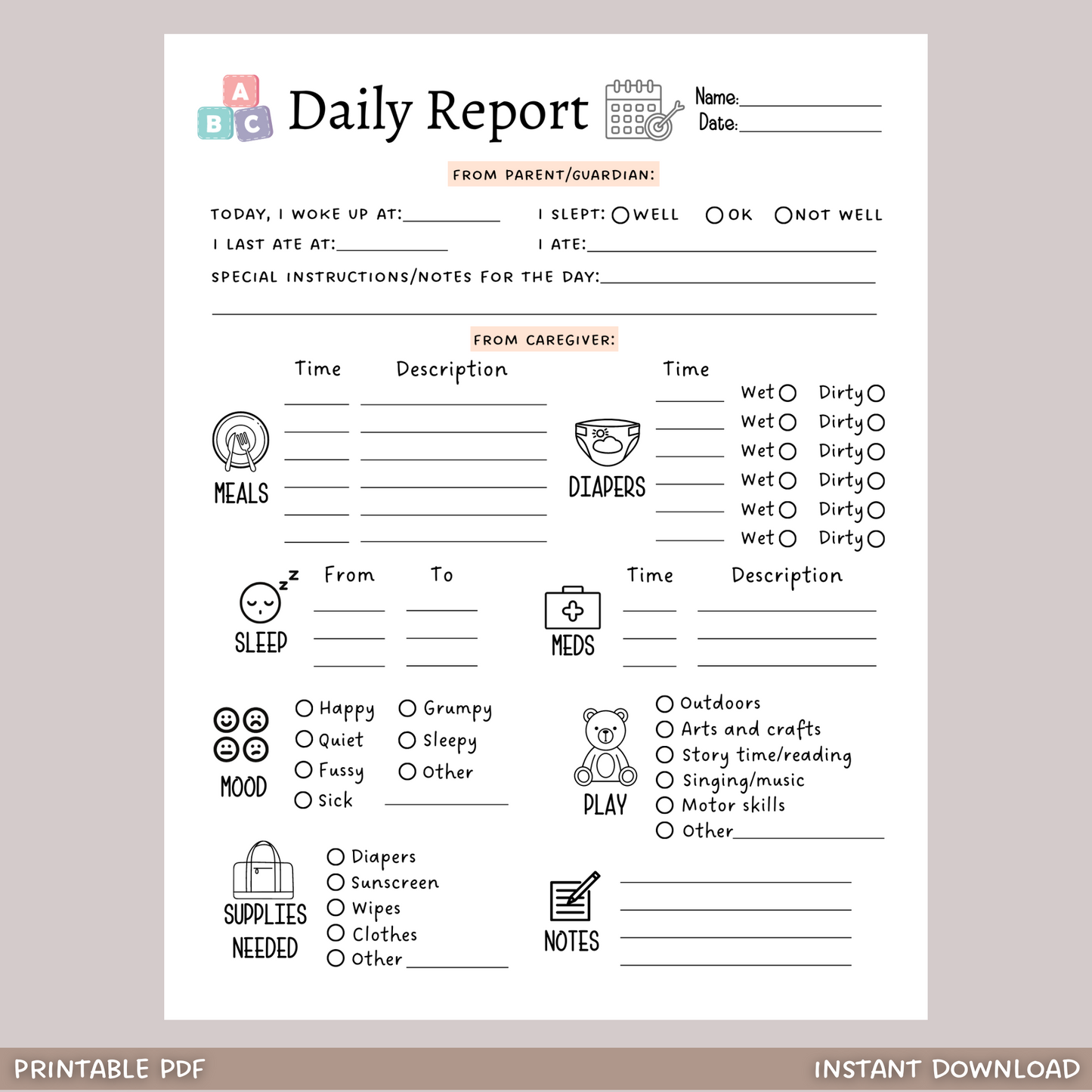 Daily Toddler Log Printable, Infant Baby Schedule for Preschool/ Babysitter