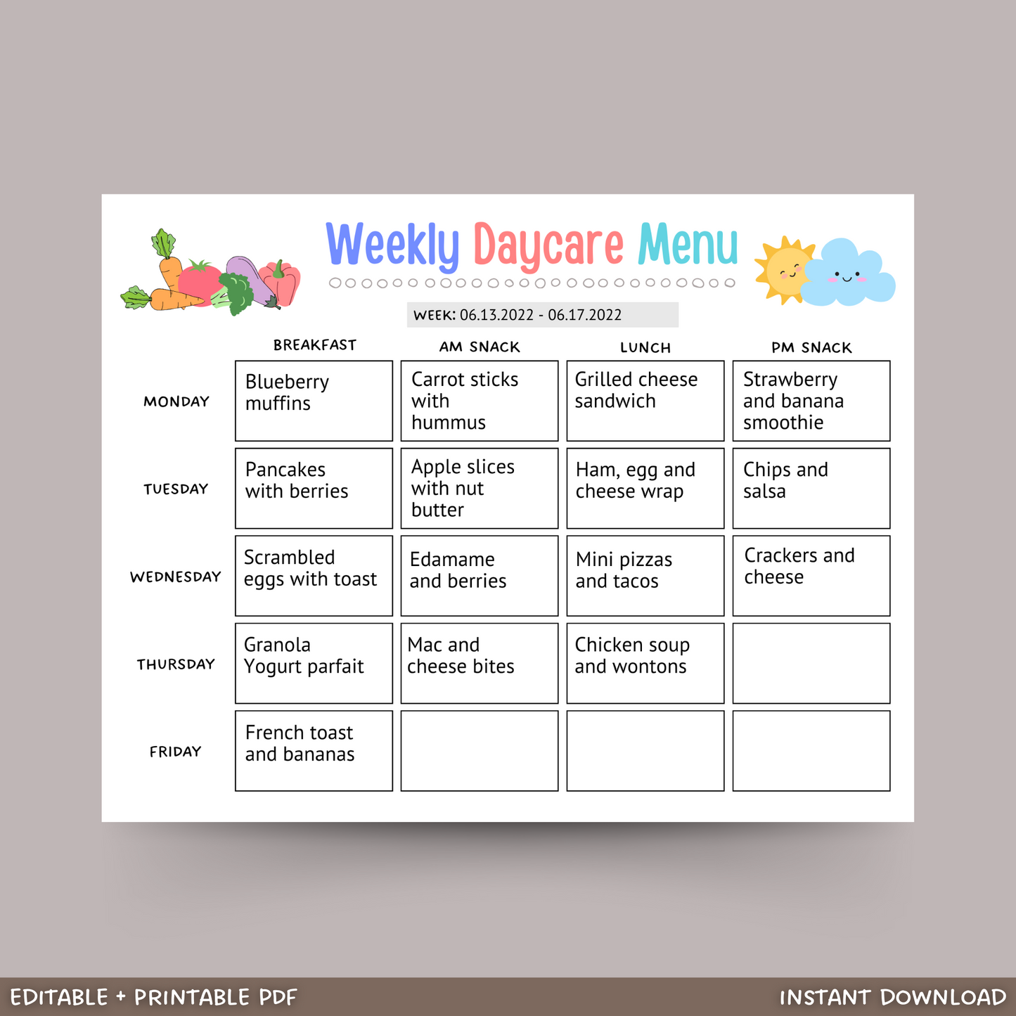 Daycare Weekly Menu Printable, Editable Meal Planner