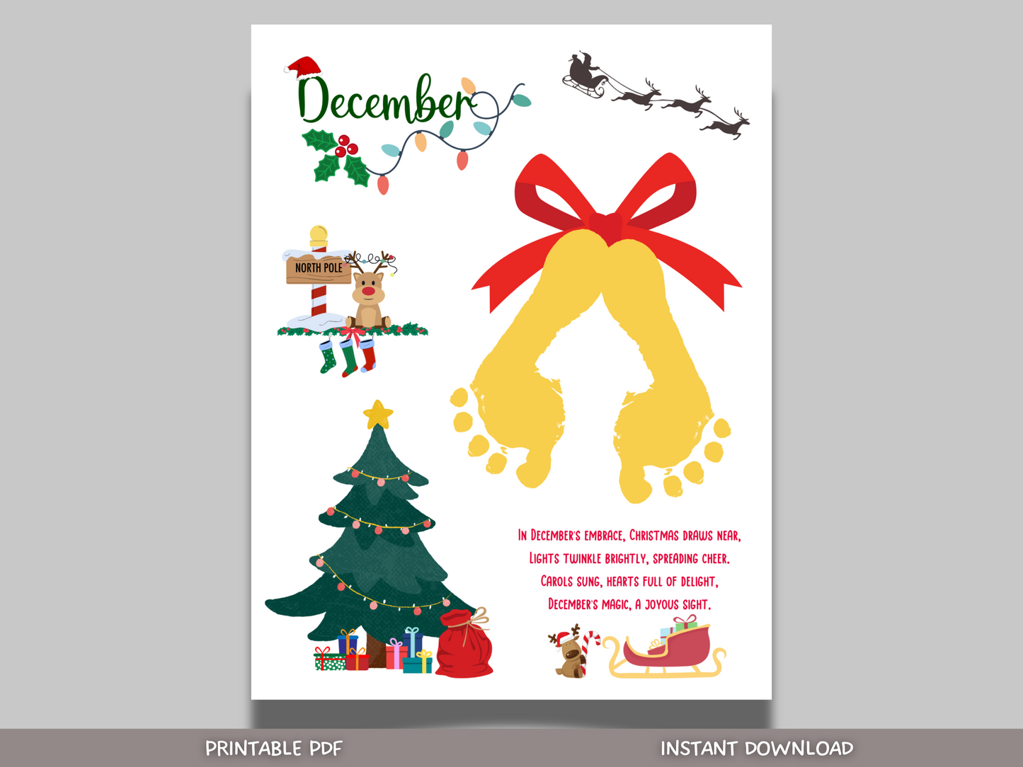 December Handprint Footprint Crafts Printable, DIY Art Kids Preschool Activity Christmas Monthly Keepsake for Baby Toddler PreK Kindergarten