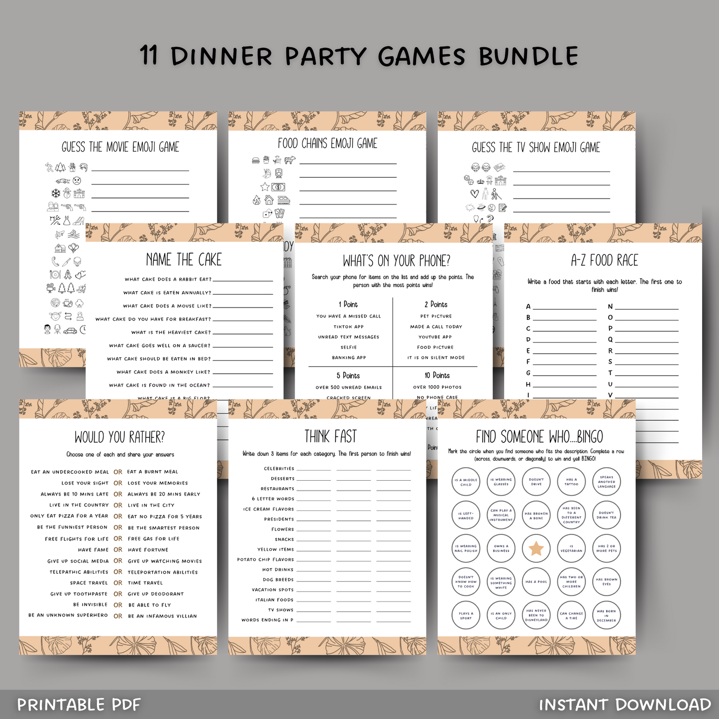 Dinner Party Games Printable, Icebreaker Questions, Adult Party Fun Cocktail Games