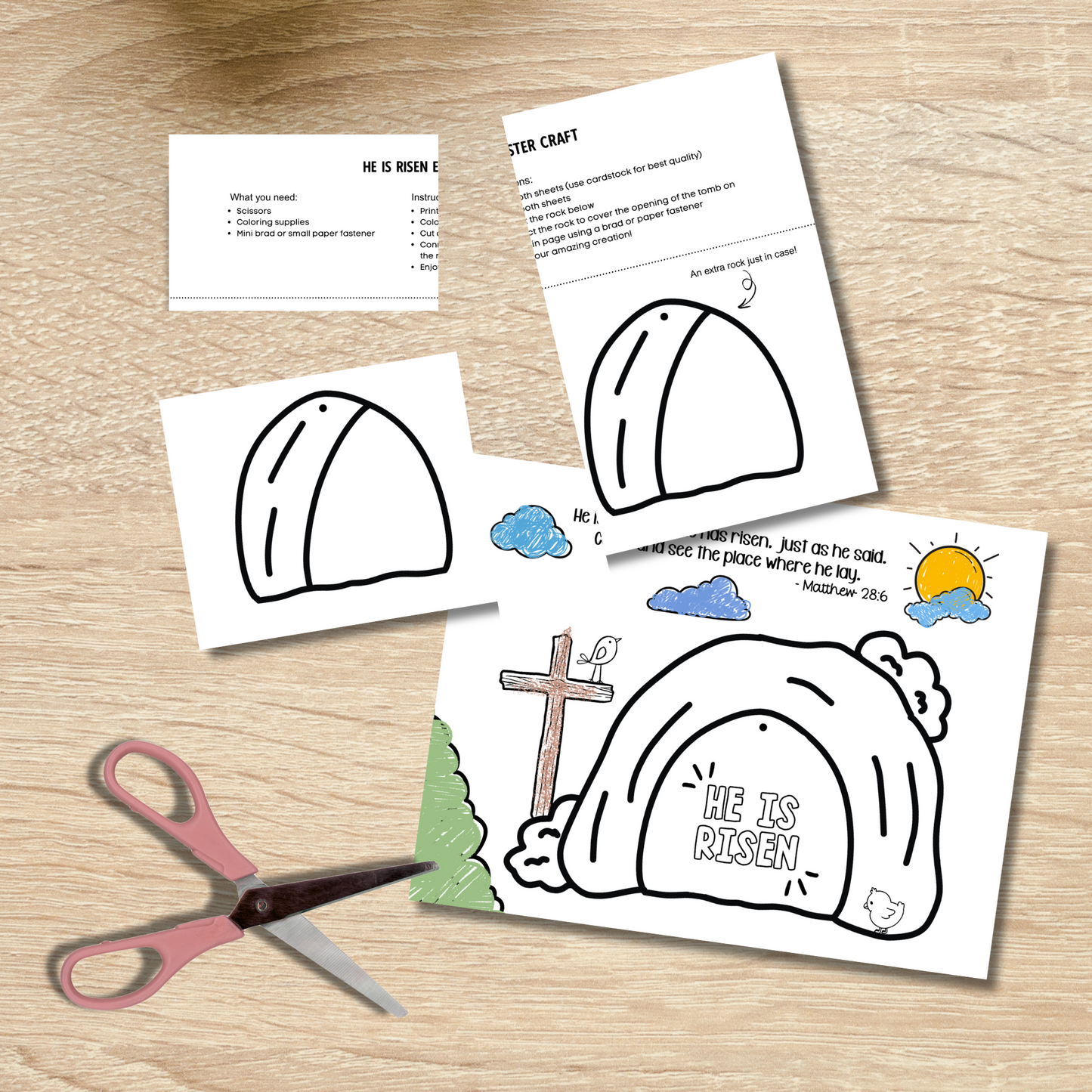 He is Risen Easter Coloring Craft Printable, Christian Religious Education For Kids Homeschool Activity Empty Tomb