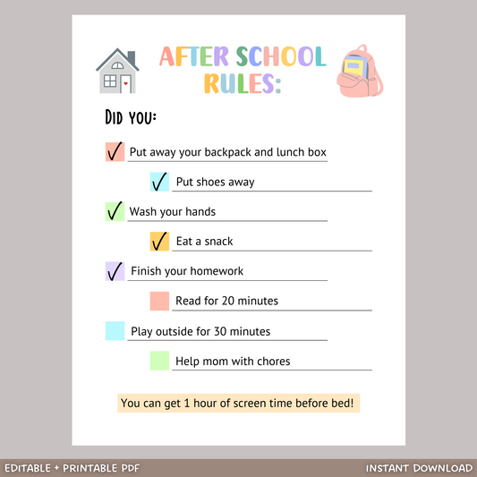 Editable After School Rules Checklist For Kids, Printable Routine Reminders