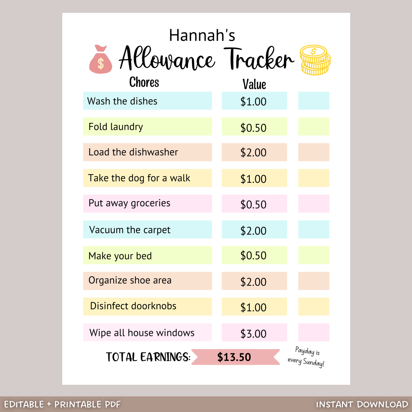 Editable Allowance Chart For Kids, Printable Chore Chart