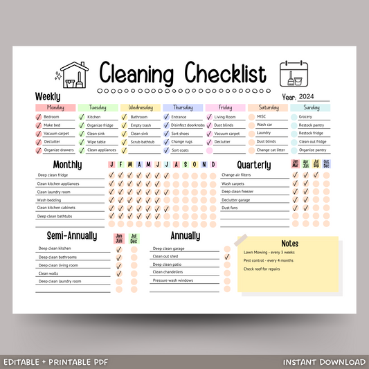 Editable Cleaning Schedule, Printable Digital Cleaning Checklist Planner