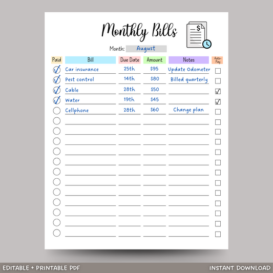 Editable Monthly Bill Tracker, Monthly Bill Log, Payment Checklist Organizer