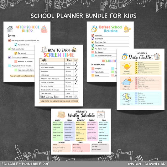 Editable School Planner Kids Printable, Back To School Bundle