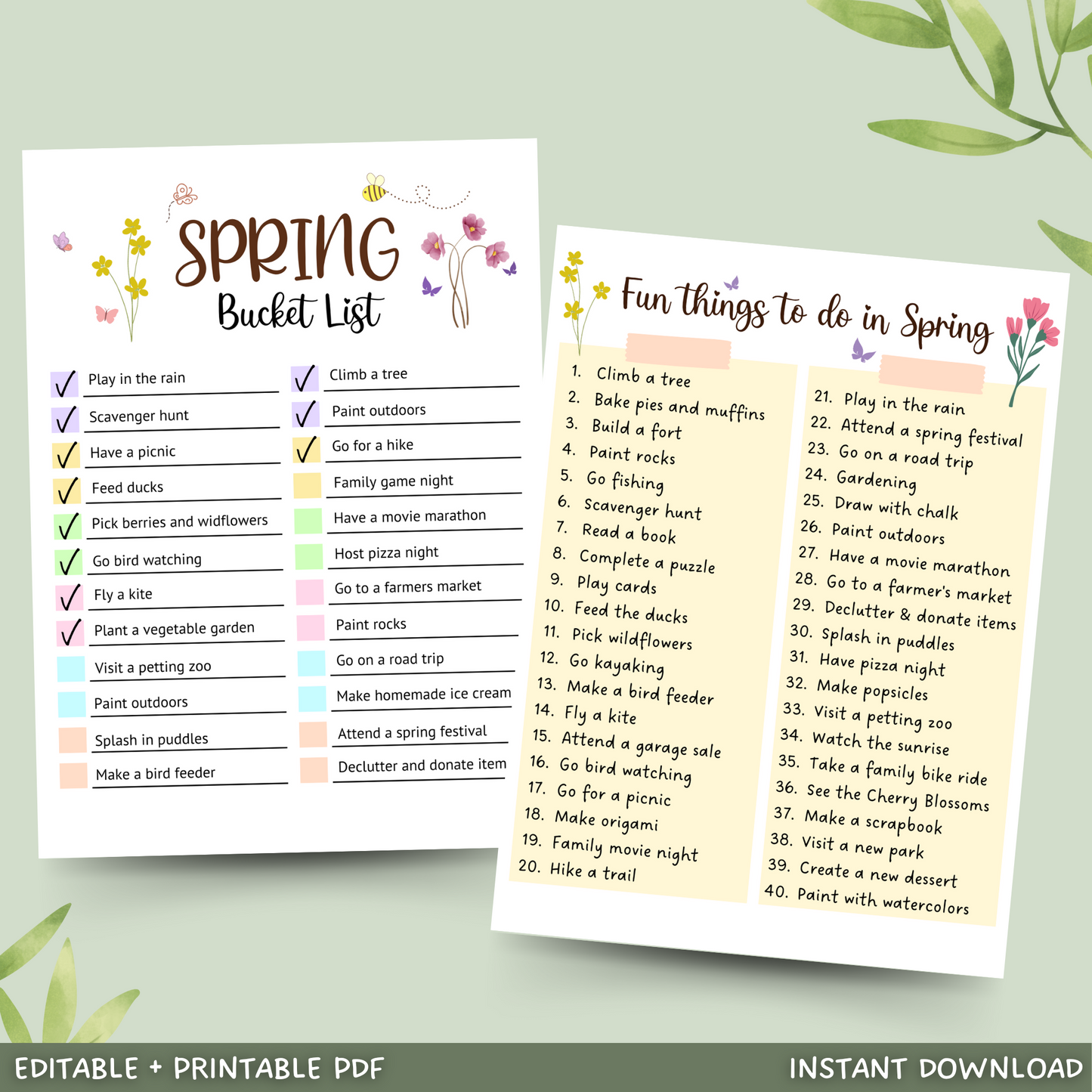 Editable Spring Bucket List, Printable Spring Activities Kids & Adults