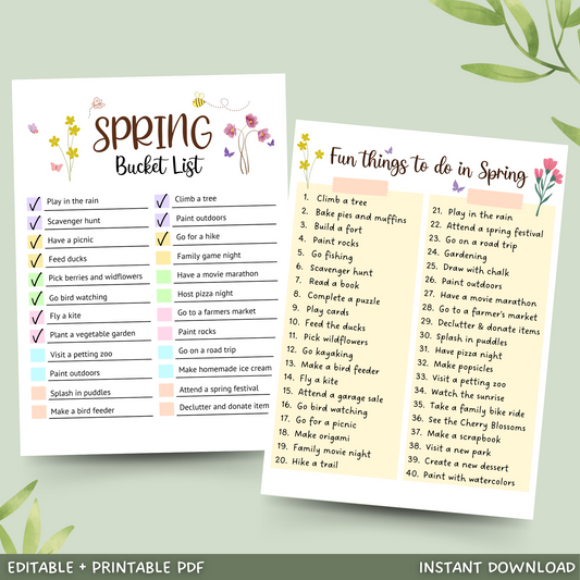 Editable Spring Bucket List, Printable Spring Activities Kids & Adults
