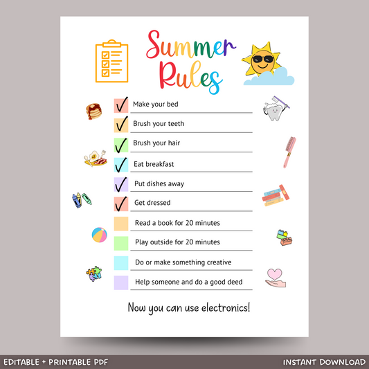 Editable Summer Rules for Kids, Printable Daily Checklist