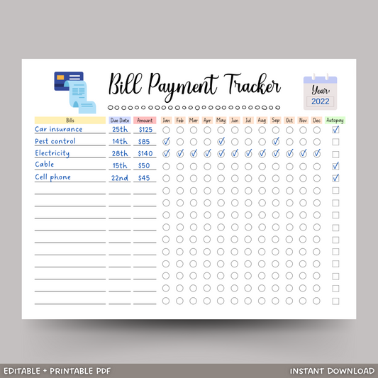 Editable Yearly Bill Tracker, Printable Monthly Bill Planner Payment Log